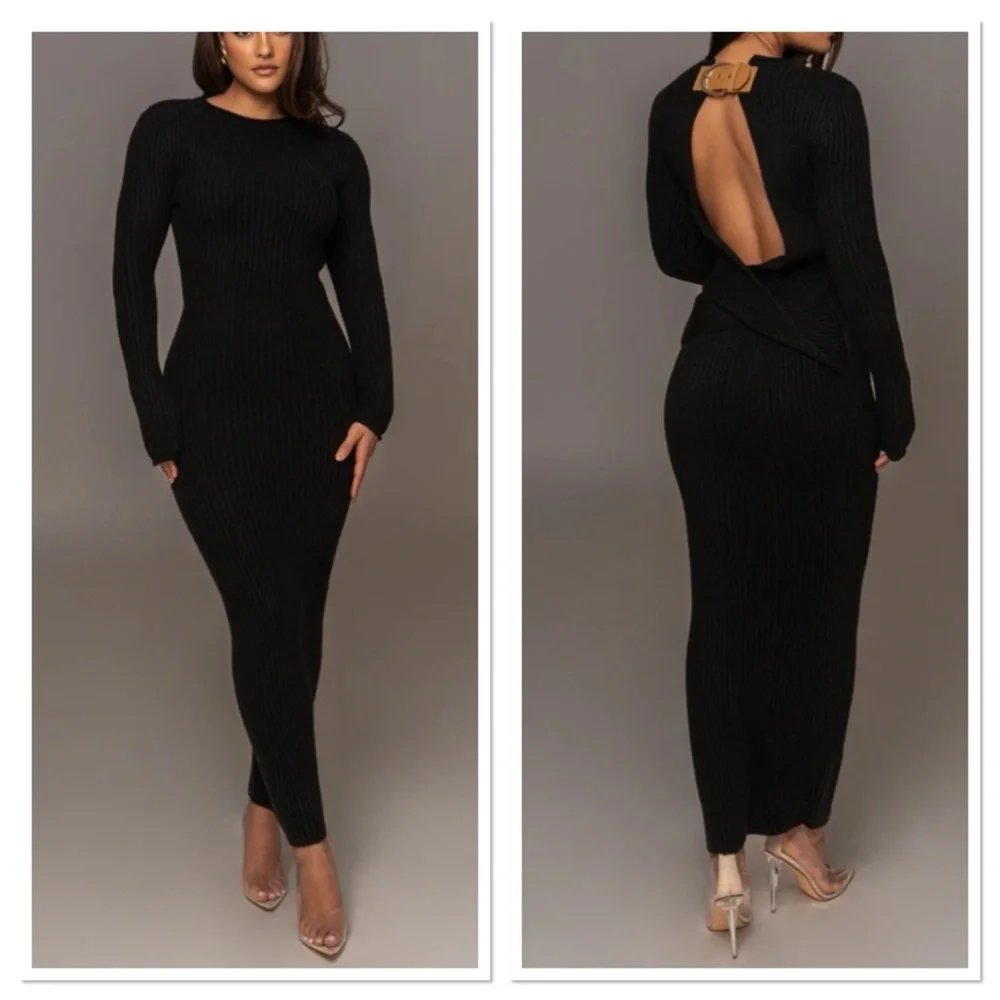JLUXLABEL Black Long Sleeve Ribbed Open Back Maxi Dress - Picture 1 of 10